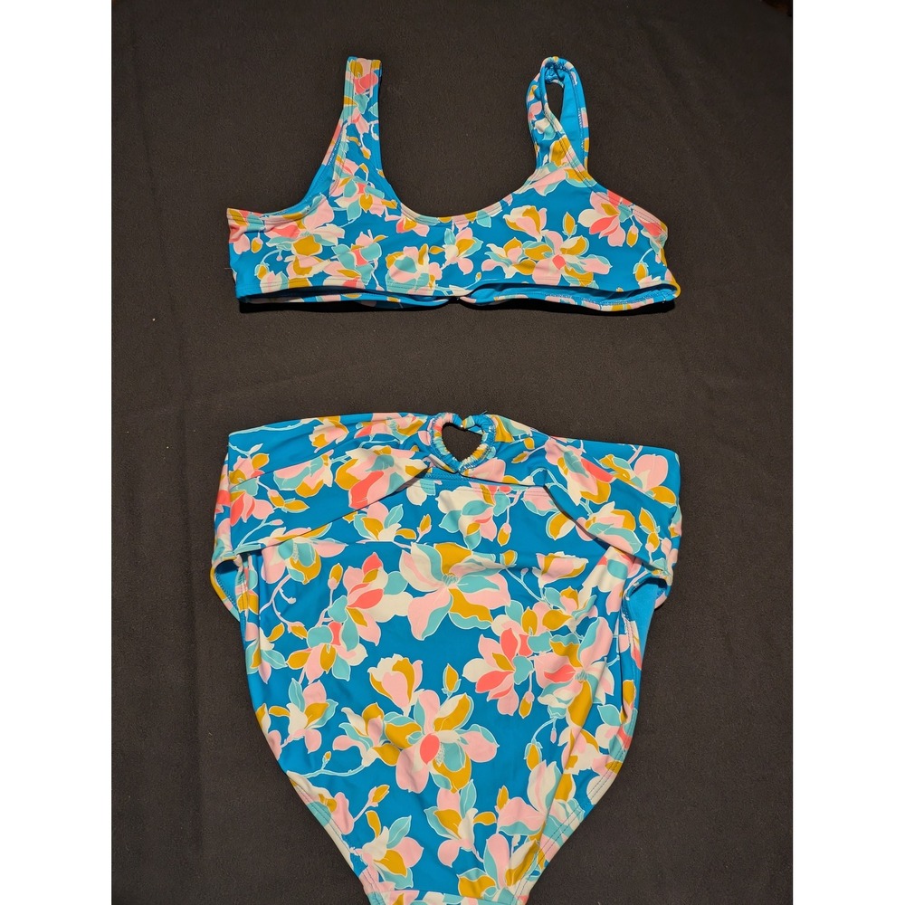 No Boundaries Womens Blue Floral Bikini Set High Waisted Heart Cutout XL 15-17 - Picture 2 of 3